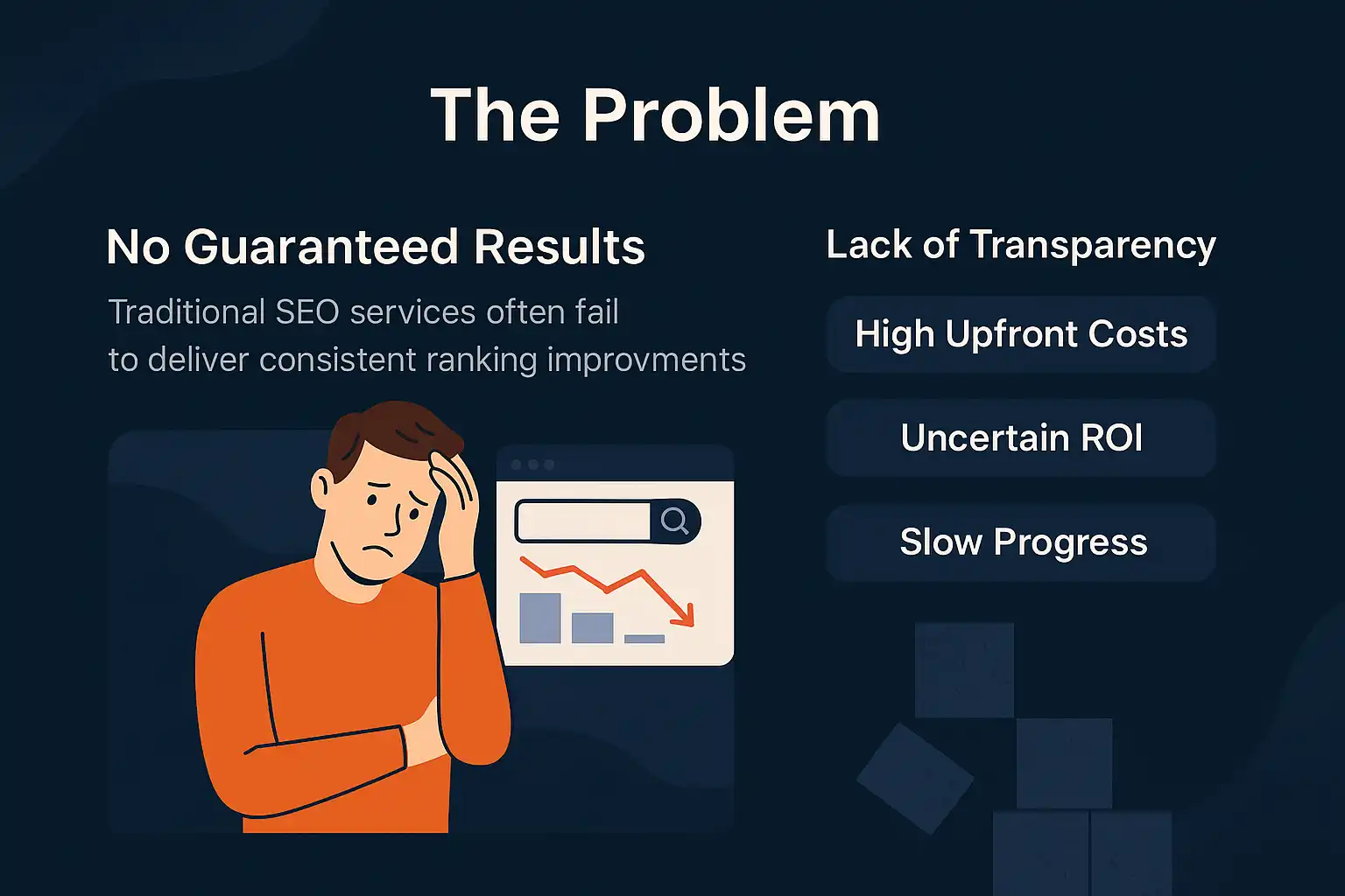 Frustrated business owner reviewing chaotic SEO reports